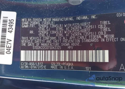 2007 Toyota Sienna Xle Limited from USA, damaged, VIN 5TDZK22C07S042325